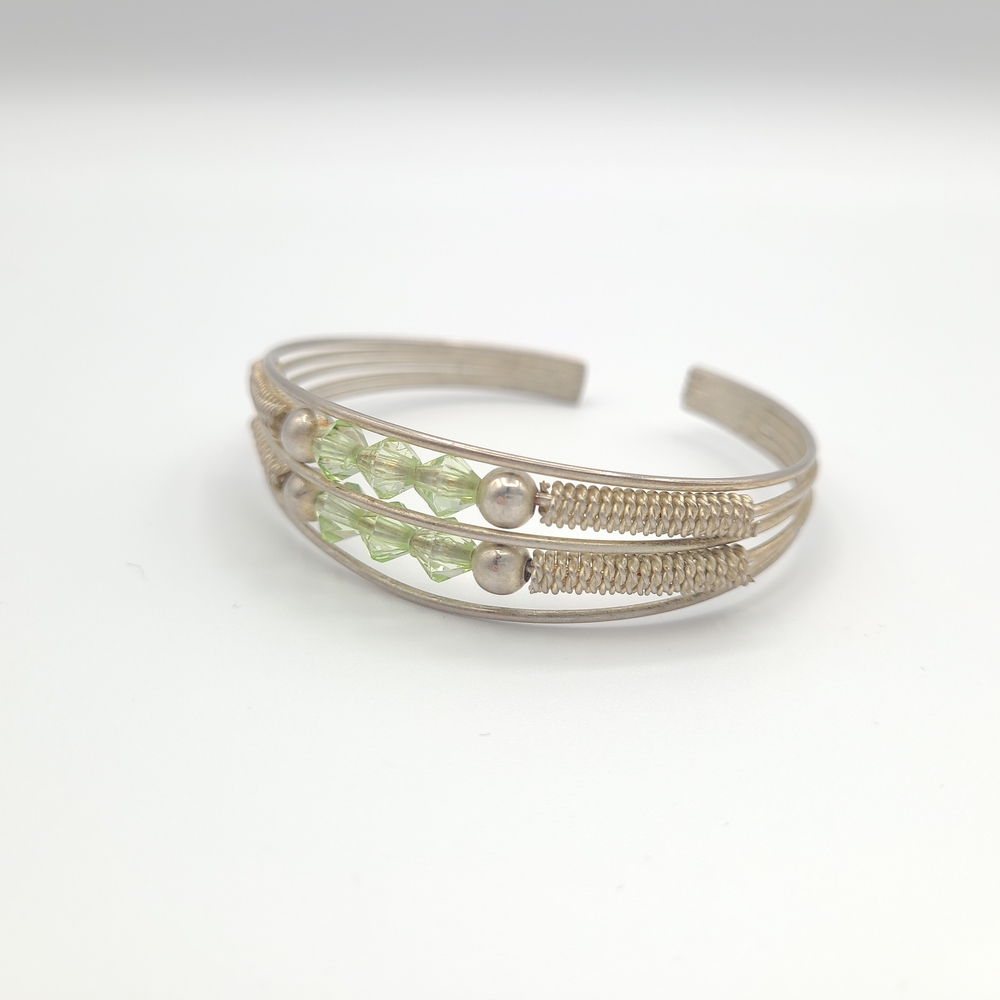 Silver Tone Multi Strand Cuff Bracelet Green Crystal Beads